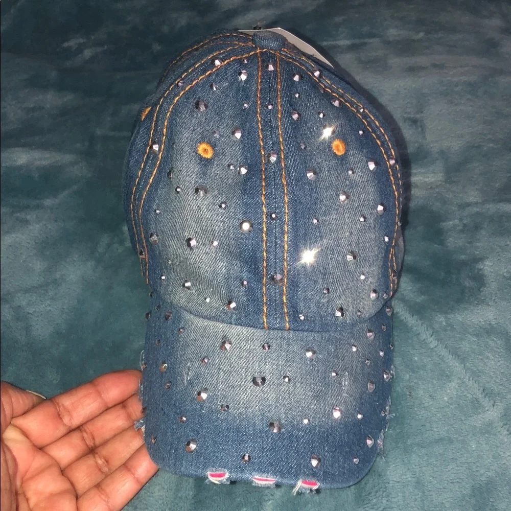 Embellished Distressed Denim Baseball Cap - Blue